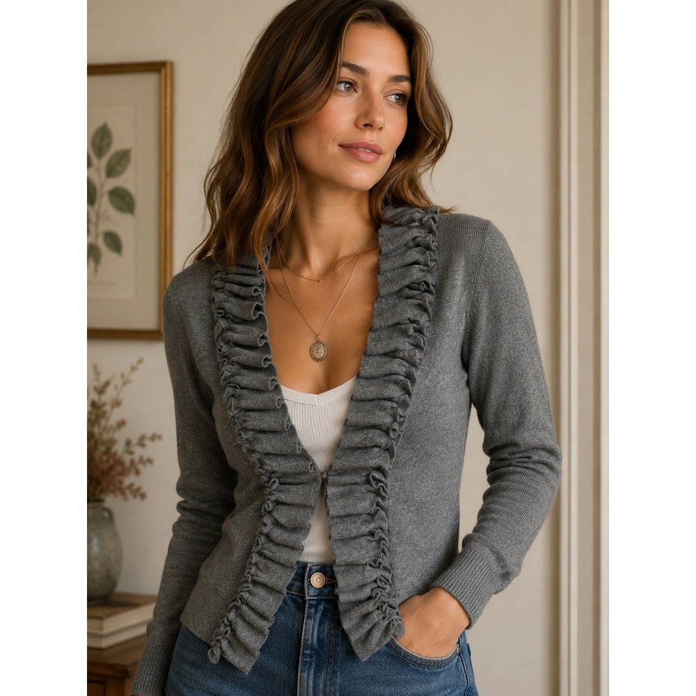 Tabitha Anthropologie Ruffle Trim Cashmere Blend Cardigan Sweater Gray Small